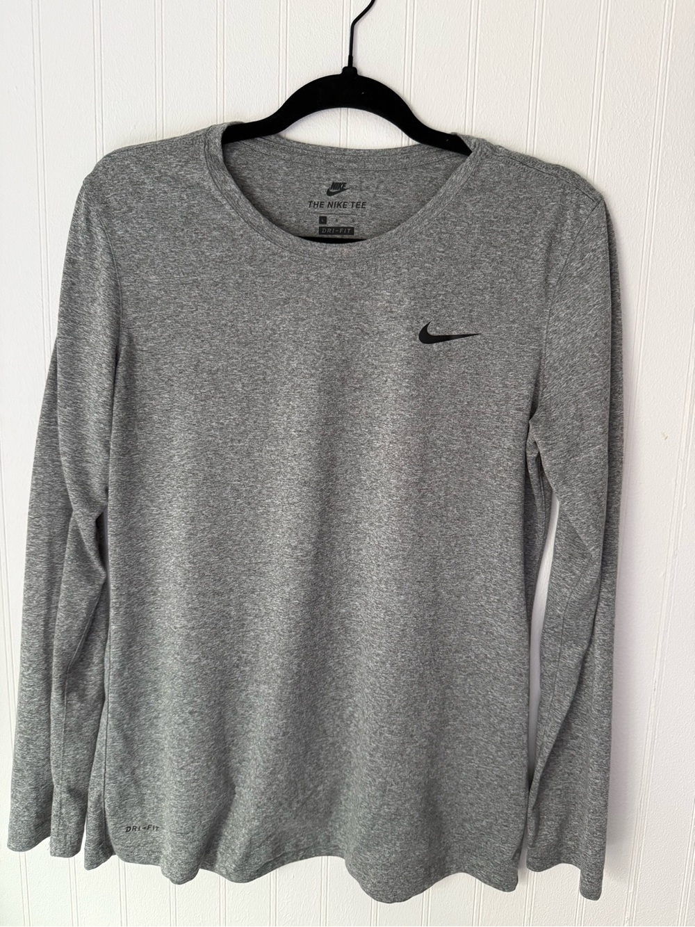 Nike Heather Gray Long Sleeve Dri-FIT Crew with Black Swoosh